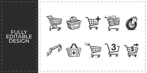 Digital shopping cart and retail e-commerce hand drawn icons set featuring buy buttons and mobile store symbols for internet business and marketplace promotion design © Ashik  Khan