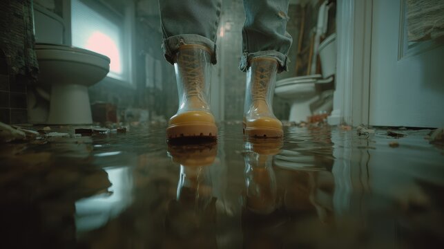 Person's legs in yellow rubber boots standing in a heavily flooded bathroom with visible water damage.