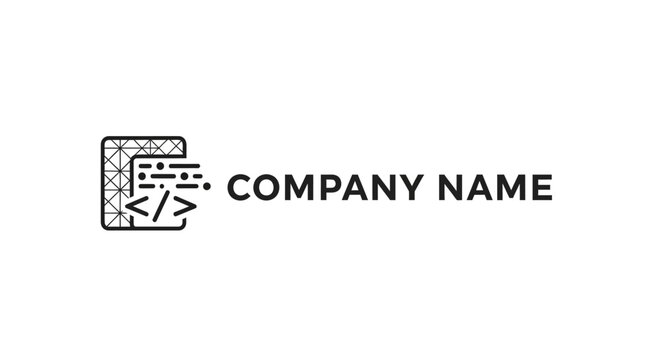 Minimalist programming logo design with code bracket symbol and structural pattern.