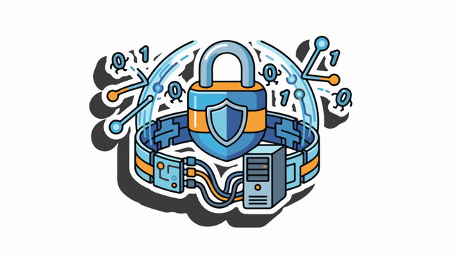 Digital security shield with lock computer and binary code elements