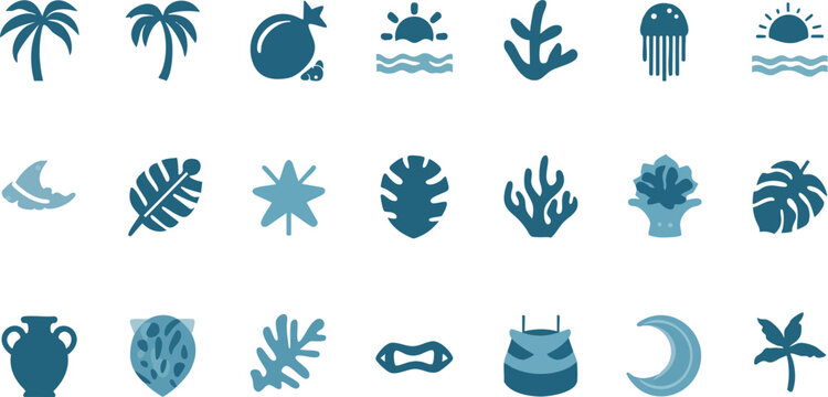 Boho summer set. Naive spiritual geometric palm tree, sun, woman silhouette, waves and corals emblem. Retro coastal prints, summer beach symbol or icon, naive vignetting hand drawn vector illustration