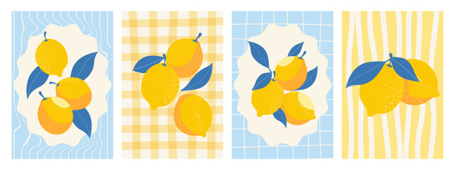 Fototapeta premium Lemon Fruit with Patterned Panels Illustration Set. Juicy lemons with leaves poster set. Mediterranean illustration.