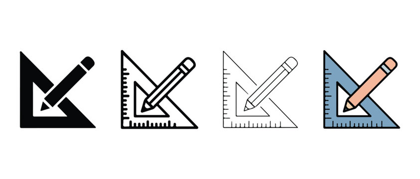 triangular ruler and pencil line icons  drawing tools for architecture engineering design and drafting