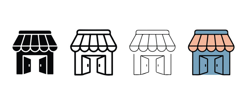 storefronts with awnings and open doors in black white blue and orange on white background  simple illustrations of shop facades