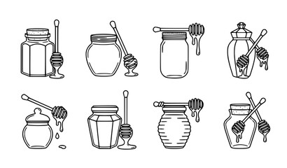 Honey Jar and Dripping Dipper Vector Icon Pack Black and White Set © Md