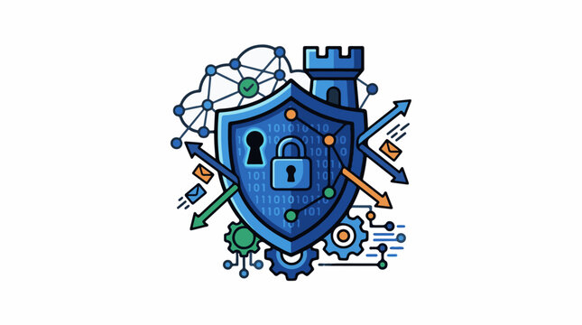 Digital security shield with lock binary code network and data flow