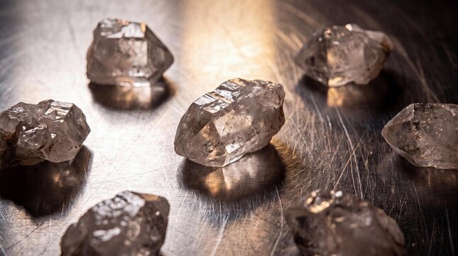 Raw rough diamonds arranged on a reflective dark metal surface
