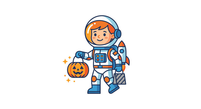 Astronaut kid trick-or-treating with pumpkin bucket and rocket backpack