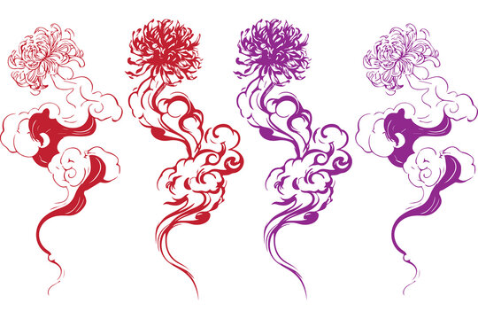 Japanese chrysanthemum flower with traditional oriental clouds vector set