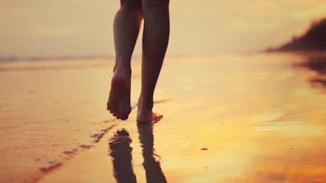 Close up of bare feet of young Asian woman walking on wet sand beach at sunset, lower body part of female strolling on sea shore during golden hour, tropical summer vacation, travel lifestyle.