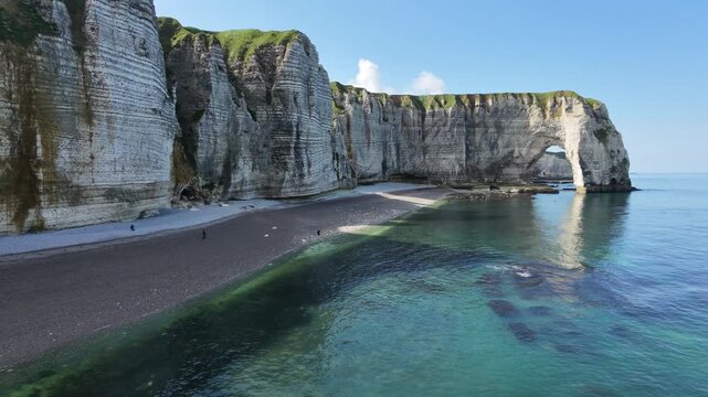 Drone aerial view of the &Eacute;tretat cliffs and sea arch, Normandy, France