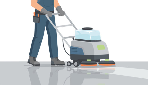 Professional maintenance worker operating a ride on or walk behind floor scrubber machine to clean and shine a commercial surface area.