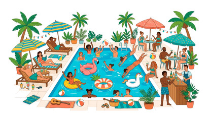 Obraz premium Summer Pool Party Poster with Cartoon People Swimming and Relaxing Flat Vector Illustration