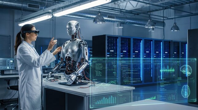 Engineer testing humanoid robot with augmented reality interface in high tech laboratory