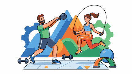 Fototapeta premium Fit couple exercising with kettlebell and jump rope set against mountains
