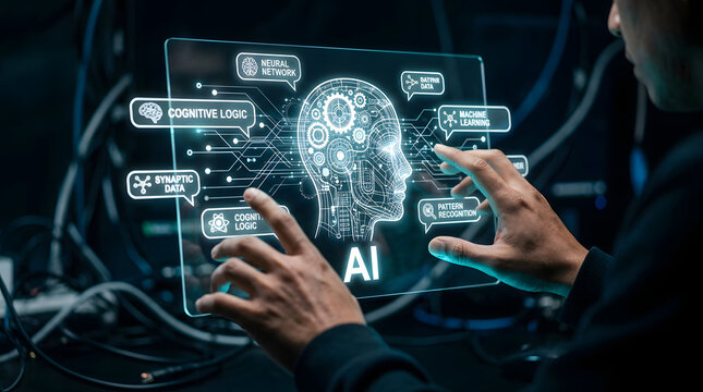 Artificial intelligence concept with a human hand interacting with a digital brain interface