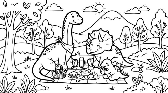 Friendly dinosaurs enjoy a picnic in a scenic outdoor setting