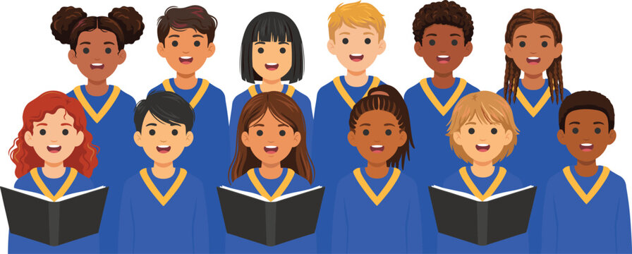 Flat Vector Illustration of Diverse Group of Children Singing in School Choir Wearing Matching Blue Uniforms and Holding Music Songbooks