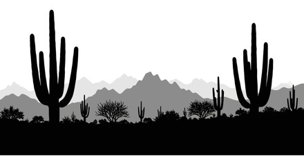 Desert Cactus Landscape Silhouette Against Gradient Background © Sakib