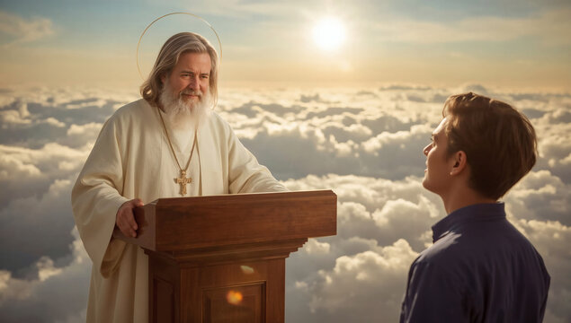saint peter welcomes newcomer at pearly gates heavenly of saint peter behind wooden podium with warm golden light halo long white beard piercing blue eyes white robe asking question to awe struck soul