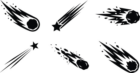 Comet and Falling Star Black Silhouette Icon Set with Meteorite, Asteroid, and Space Fireball Vectors for Astronomy and Cosmic Graphic Designs © Morjina