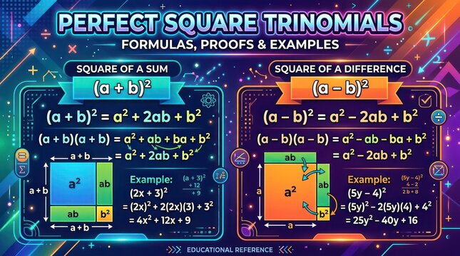 Educational poster illustrating perfect square trinomials with proofs and math examples.