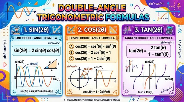 Double angle trigonometric formulas infographic with sine cosine and tangent wave graphs.