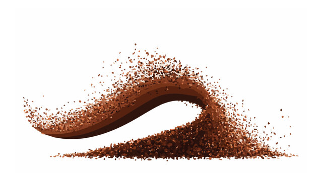 Close up of brown ground coffee beans spilling and swaying in a dynamic motion in a minimal white background
