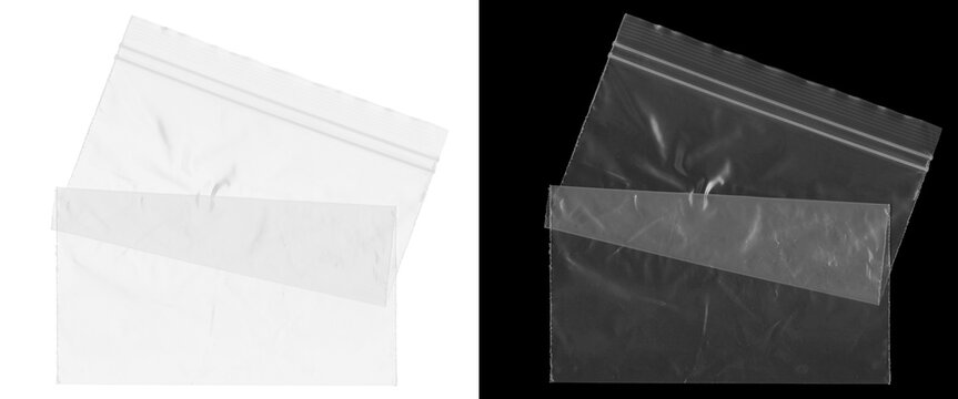 Transparent plastic zipper bag mockup, clear polyethylene storage pouch on white and black background, wrinkled texture poly bag for product packaging