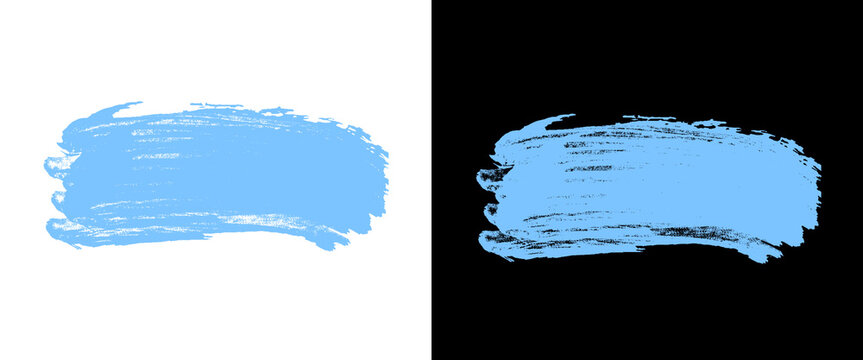 Light blue paint brush stroke on white and black background, textured acrylic smear with rough edges, artistic sky blue watercolor dab for graphic design