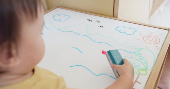 A young toddler develops fine motor skills while drawing on a whiteboard, engaging in creative expression and early childhood education through playful learning at home.