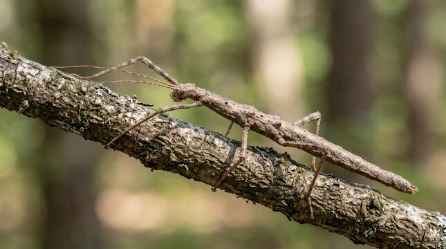 Stick insect clinging to a tree branch in a natural woodland setting