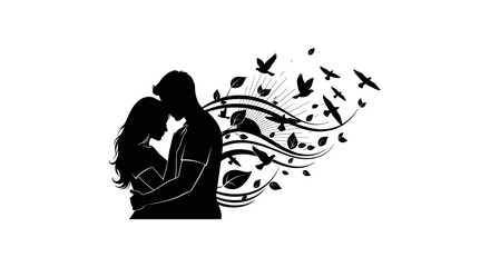 Obraz premium Embracing couple with birds and leaves black silhouette