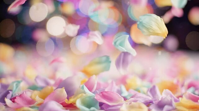 A Vibrant Display of Colorful Petals Cascading Through the Air Against a Softly Blurred Background of Dazzling Bokeh Lights, Creating a Dreamlike Atmosphere of Beauty and Elegance