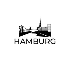 Naklejka premium Hamburg city skyline silhouette with a river bridge vector logo design