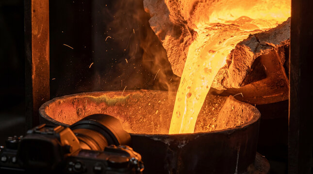 Photographer documenting molten steel pouring into a refractory ladle at an industrial foundry