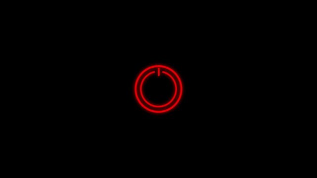 Red neon power button pulsing on black background glowing