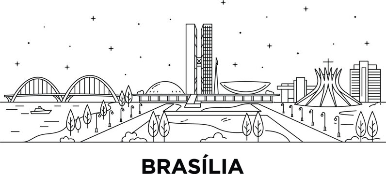 Brasilia Brazil city skyline line art vector illustration with cathedral congress national museum and JK bridge panorama