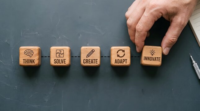 Wooden Cubes With Words And Icons Conceptual Arrangement On Slate
