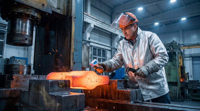 Forging technician inspecting hot steel component with infrared thermometer and caliper