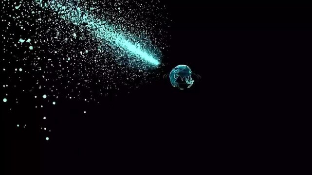 Abstract digital earth globe zoom with glowing particle beam connection, futuristic cyber communication network and outer space data transfer concept.