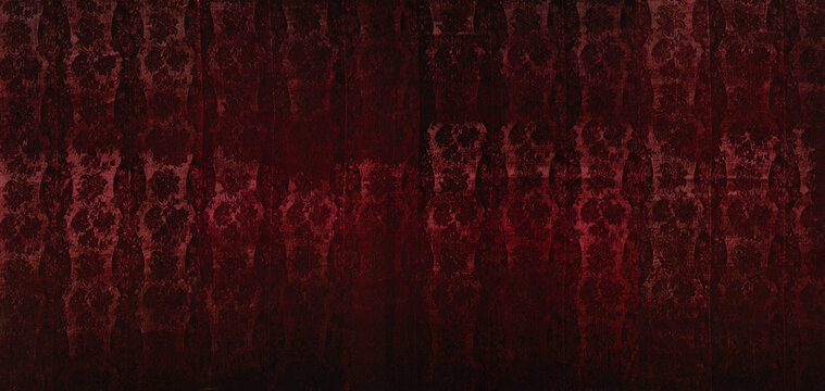 Vintage dark red velvet texture background banner. Antique gothic damask fabric backdrop with grunge distressed vignette and blank copy space for luxury header web mockup template.
