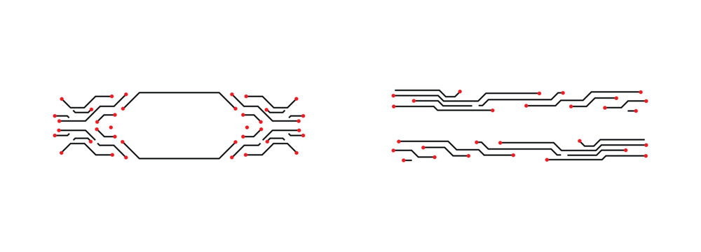 Circuit board patterns with tech lines and nodes in two horizontal digital hardware engineering layout designs