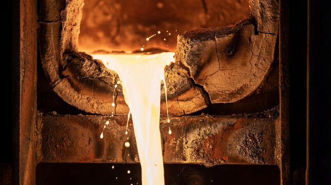Molten steel flowing from a refractory furnace during industrial casting process
