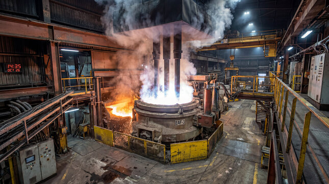 Electric arc furnace melting scrap steel inside an integrated steelmaking facility