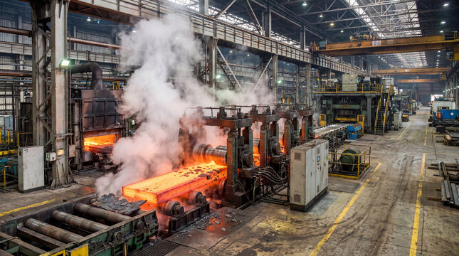Hot steel slab passing through rolling mill inside an integrated steel production plant