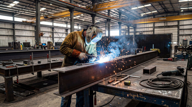 Experienced welder joining structural steel beam inside a heavy fabrication workshop