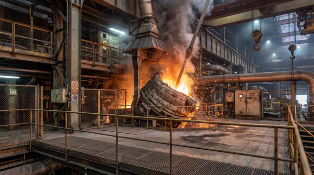 Molten metal refining inside a steelmaking furnace at an industrial foundry