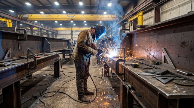 Skilled welder joining structural steel beams inside an industrial fabrication workshop