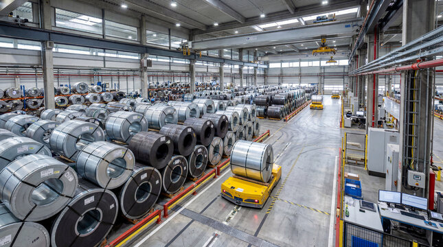 Automated warehouse storing steel coils with autonomous transport vehicles and overhead cranes